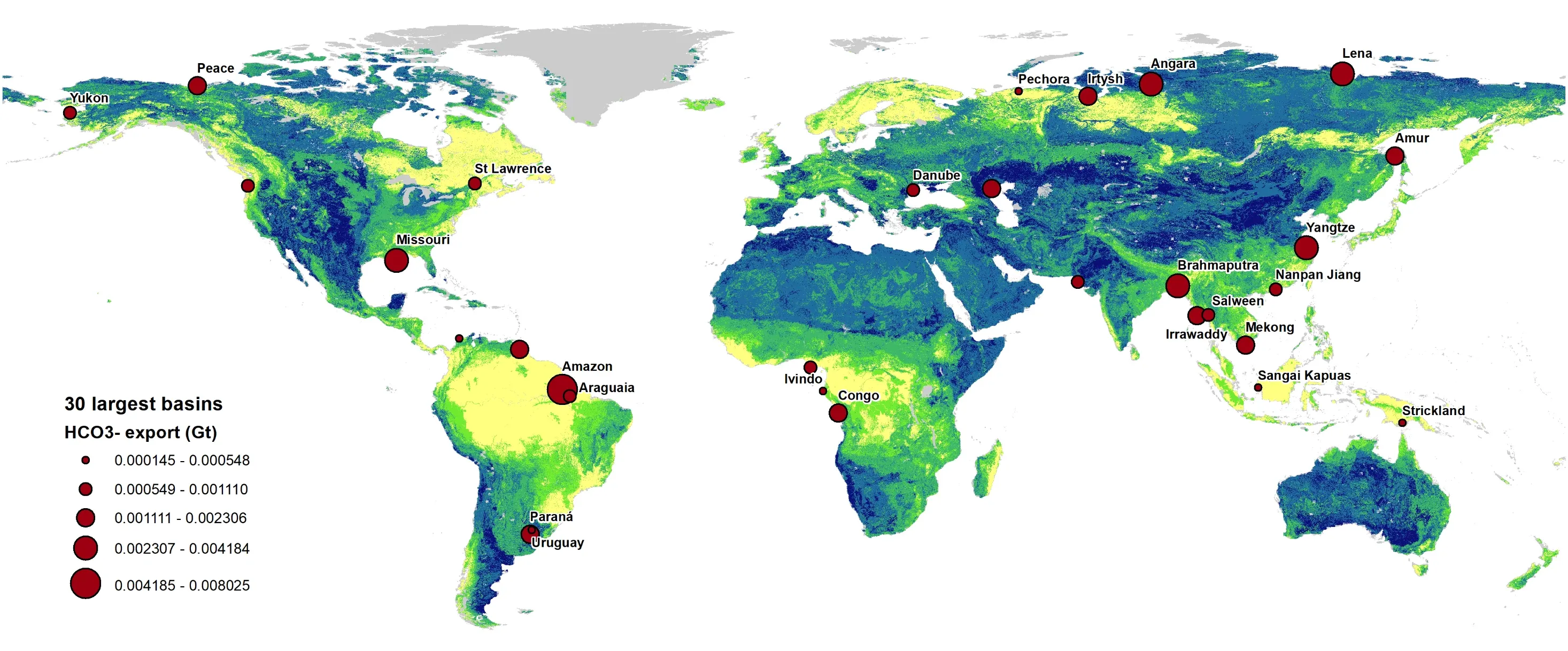 World map of bicarbonate export potential with circles sized by export from the 30 largest river basins.