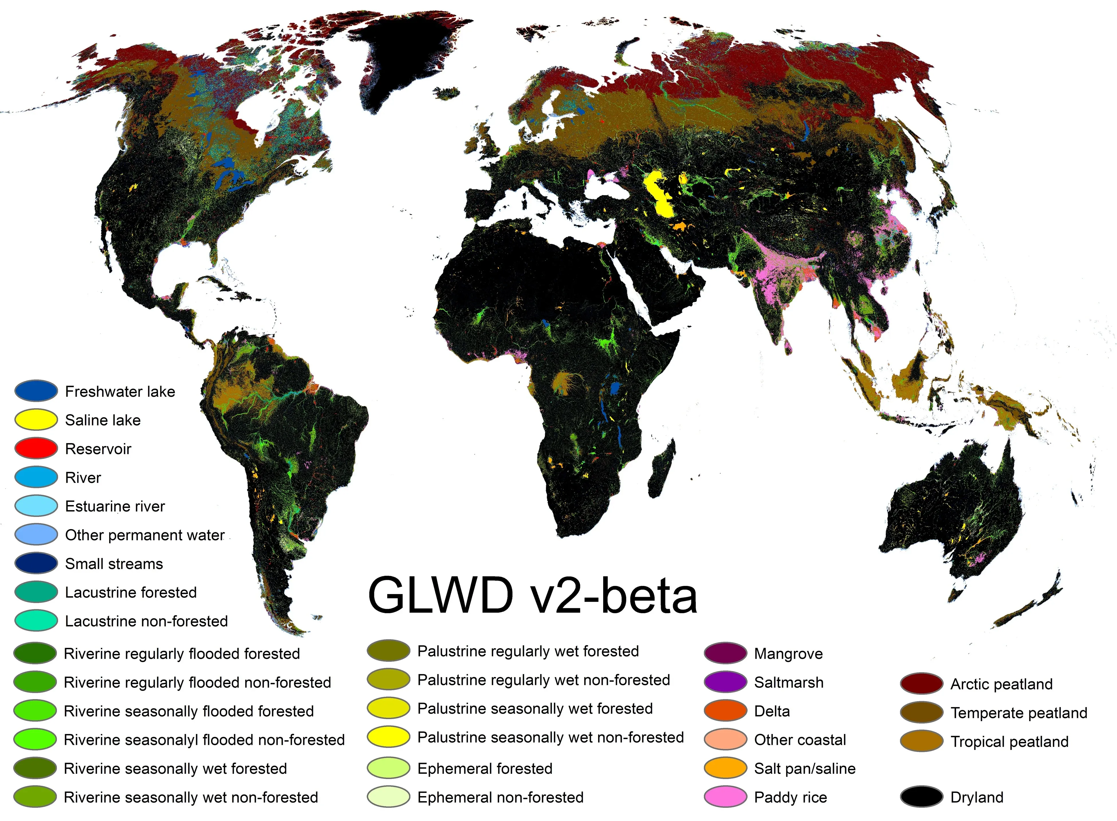 World map of inland waters classified into lake, river, wetland and peatland types.