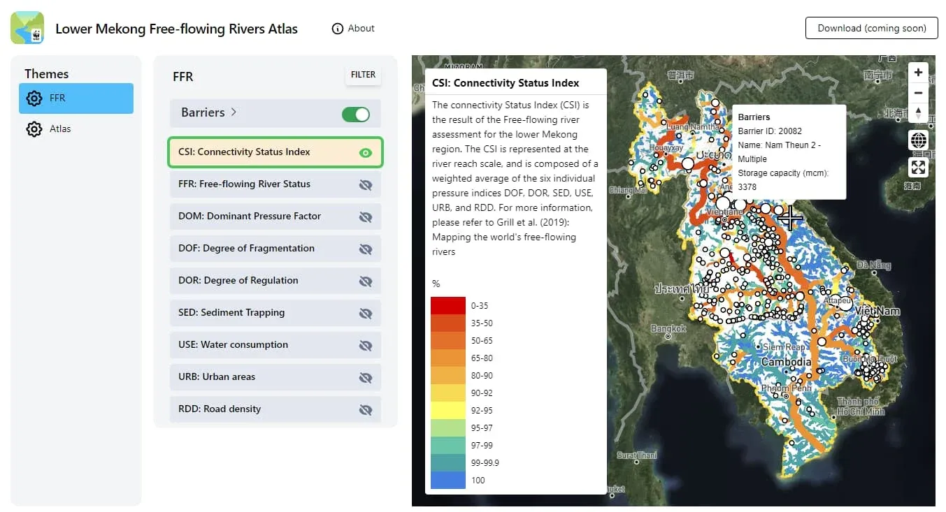 Lower Mekong Free-flowing Rivers Atlas web tool showing the Connectivity Status Index and dam locations.