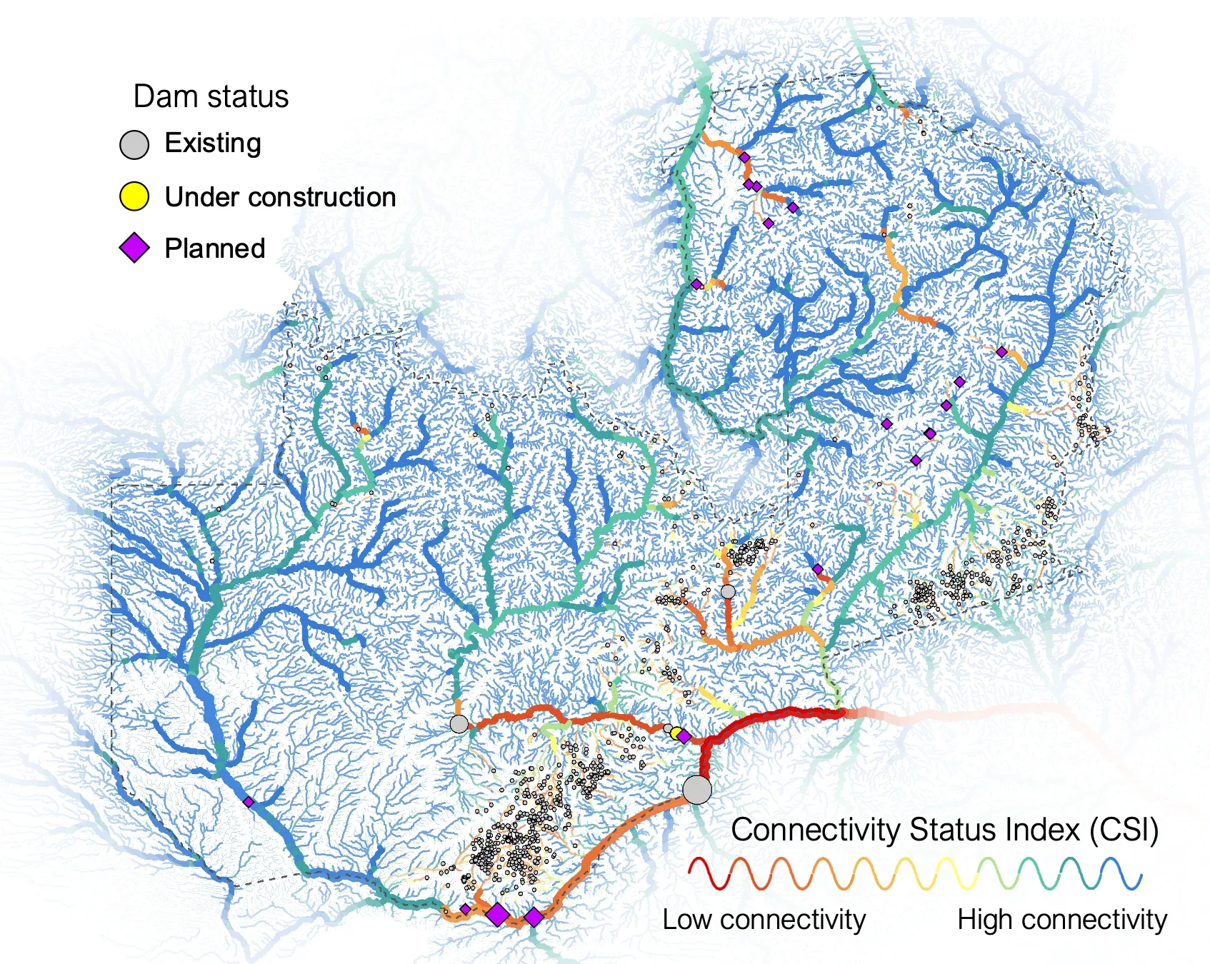Map of Zambia’s river network coloured by connectivity status, from high connectivity in blue to low in red, with existing, under-construction and planned dams marked.